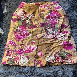Nora Noh Gold Floral Silk Midi Skirt Women's Size 8 Brown Pink Flowers